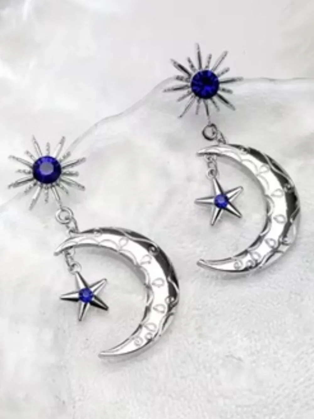 DESIGNER Celestial Silver Crescent Moon & Star Sapphire Blue Crystal Earrings